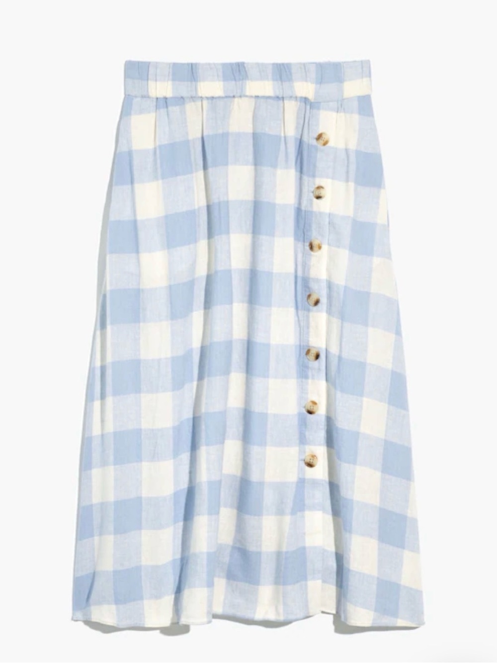 Madewell Linen-Blend Side-Button Midi Skirt in Gingham Check